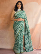 Hand Batik Printed Chinon Saree with Blouse Piece - Green