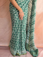 Hand Batik Printed Chinon Saree with Blouse Piece - Green