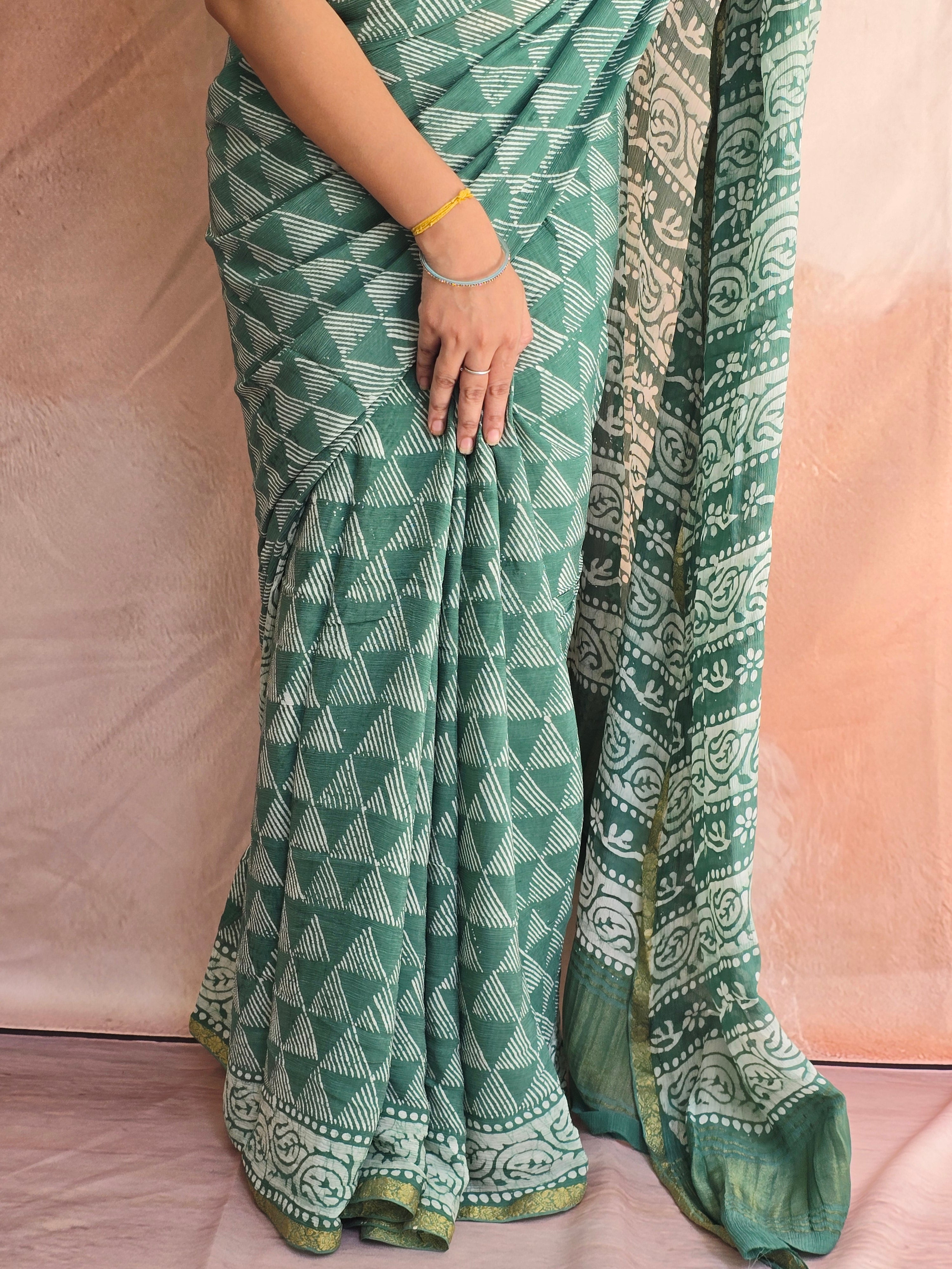 Hand Batik Printed Chinon Saree with Blouse Piece - Green