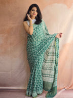 Hand Batik Printed Chinon Saree with Blouse Piece - Green
