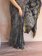 Hand Batik Printed Chinon Saree with Blouse Piece - Black
