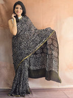 Hand Batik Printed Chinon Saree with Blouse Piece - Black