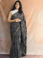Hand Batik Printed Chinon Saree with Blouse Piece - Black