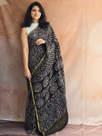 Hand Batik Printed Chinon Saree with Blouse Piece - Black