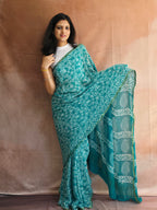 Hand Batik Printed Chinon Saree with Blouse Piece - Sea Green