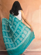 Hand Batik Printed Chinon Saree with Blouse Piece - Sea Green