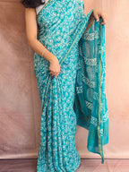 Hand Batik Printed Chinon Saree with Blouse Piece - Sea Green