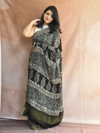 Hand Batik Printed Chinon Saree with Blouse Piece - Black
