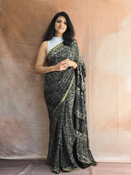 Hand Batik Printed Chinon Saree with Blouse Piece - Black