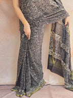 Hand Batik Printed Chinon Saree with Blouse Piece - Black