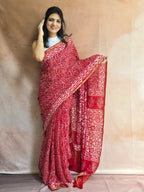Hand Batik Printed Chinon Saree with Blouse Piece - Red