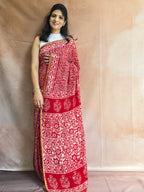 Hand Batik Printed Chinon Saree with Blouse Piece - Red