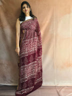 Hand Batik Printed Chinon Saree with Blouse Piece - Wine