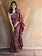 Hand Batik Printed Chinon Saree with Blouse Piece - Wine