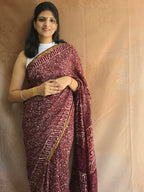 Hand Batik Printed Chinon Saree with Blouse Piece - Wine