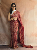Hand Batik Printed Chinon Saree with Blouse Piece - Brown