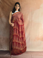 Hand Batik Printed Chinon Saree with Blouse Piece - Brown