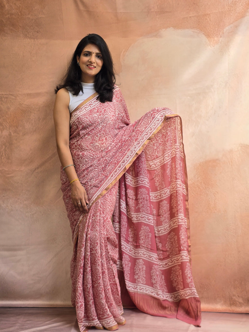 Hand Batik Printed Chinon Saree with Blouse Piece - Peach
