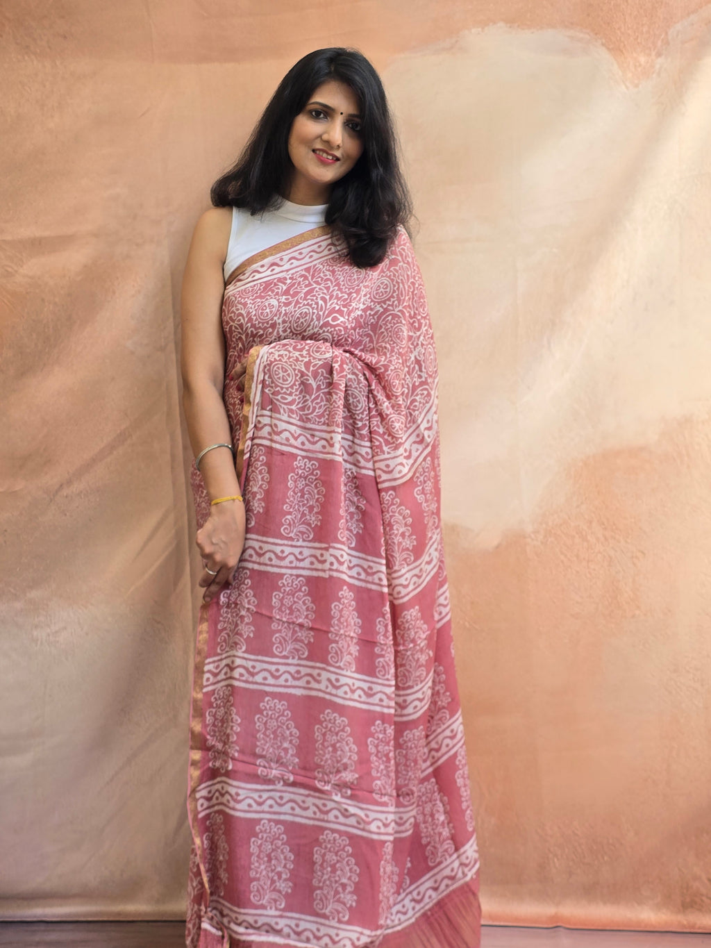 Hand Batik Printed Chinon Saree with Blouse Piece - Peach
