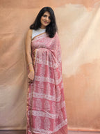 Hand Batik Printed Chinon Saree with Blouse Piece - Peach