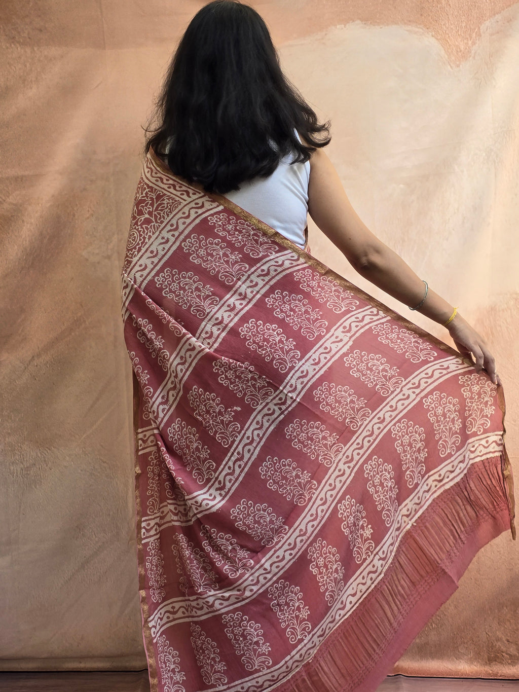Hand Batik Printed Chinon Saree with Blouse Piece - Peach