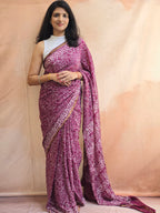 Hand Batik Printed Chinon Saree with Blouse Piece - Purple