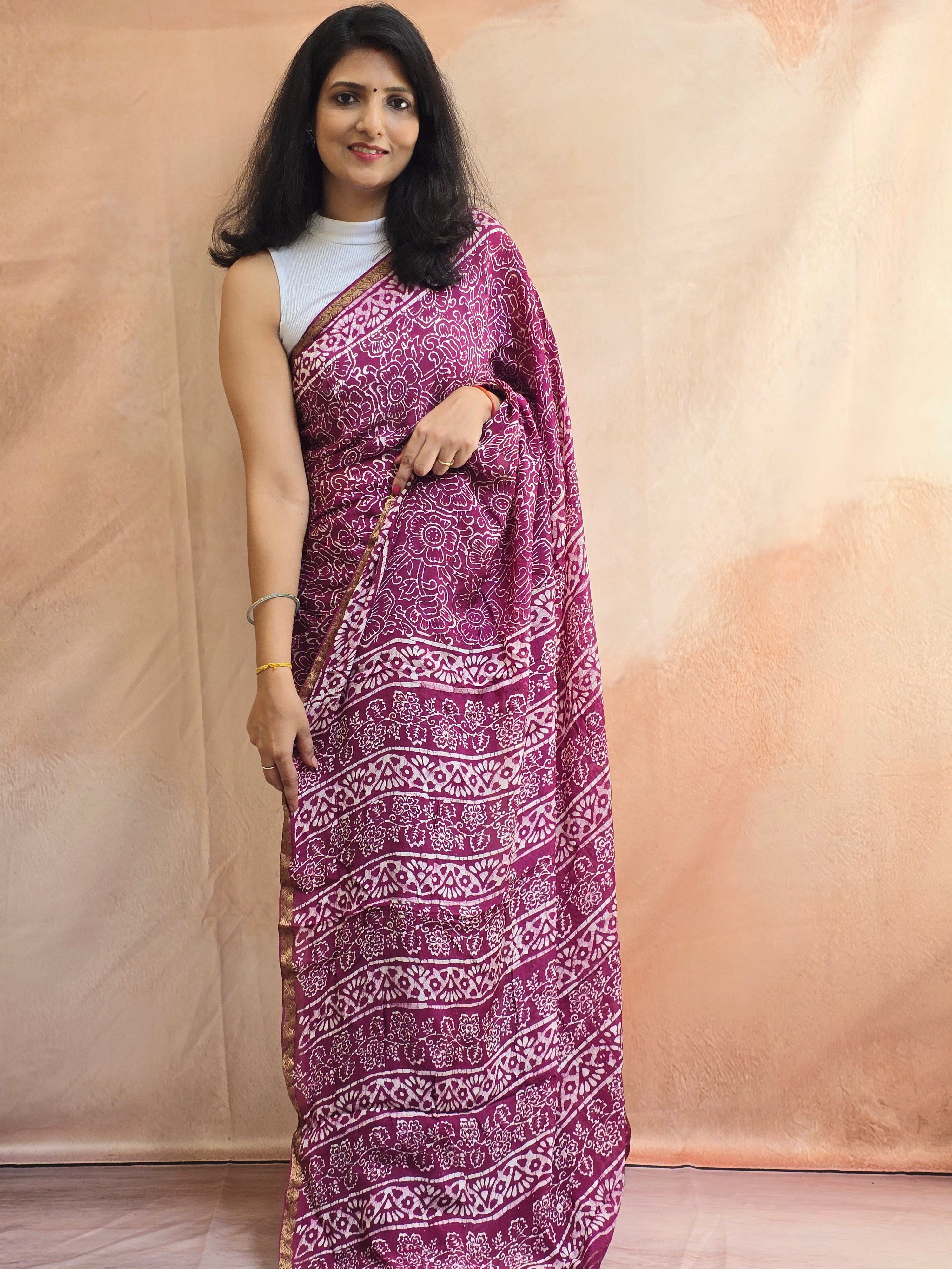 Hand Batik Printed Chinon Saree with Blouse Piece - Purple