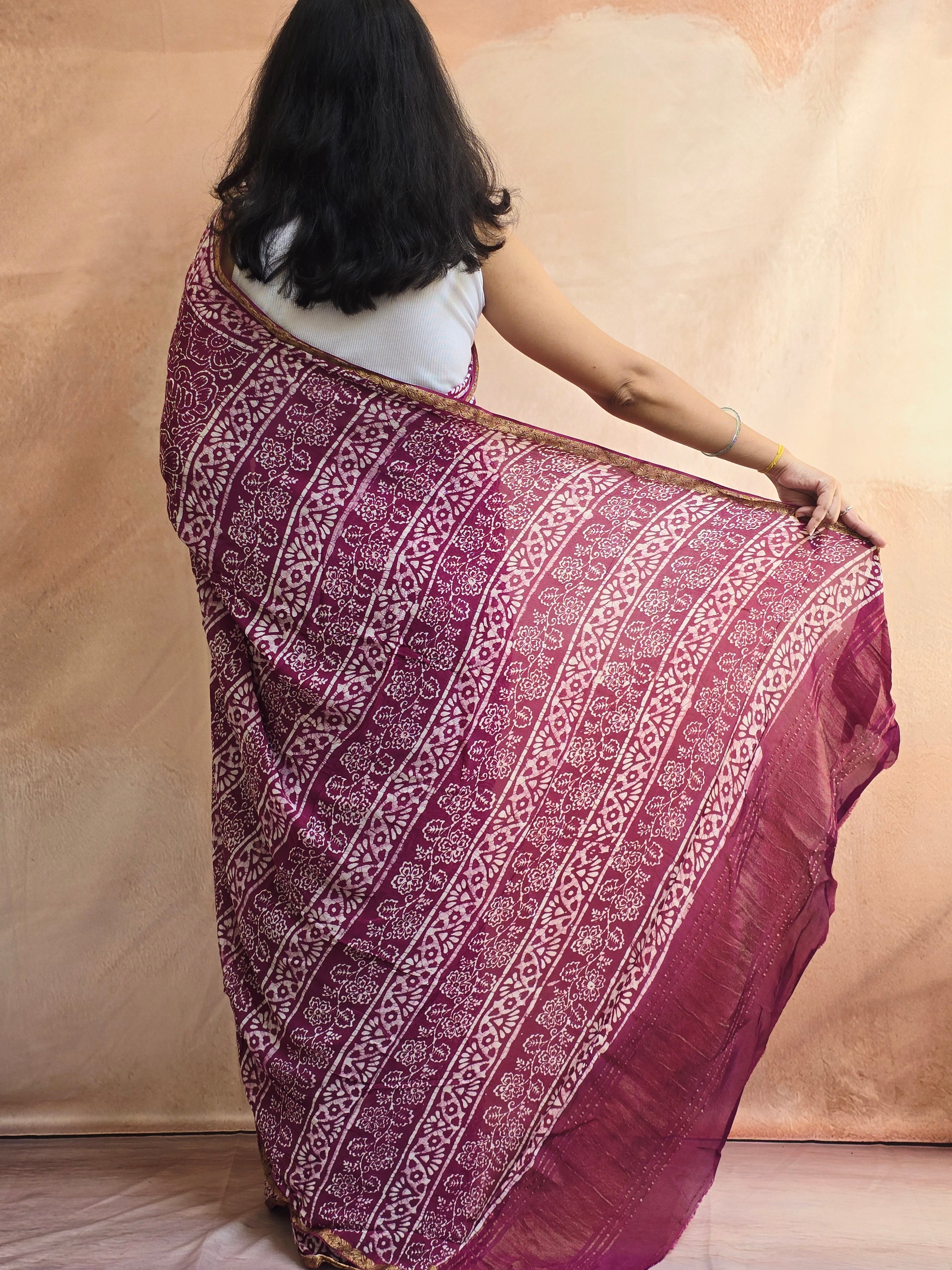 Hand Batik Printed Chinon Saree with Blouse Piece - Purple