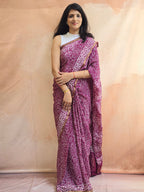 Hand Batik Printed Chinon Saree with Blouse Piece - Purple