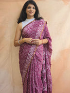 Hand Batik Printed Chinon Saree with Blouse Piece - Purple