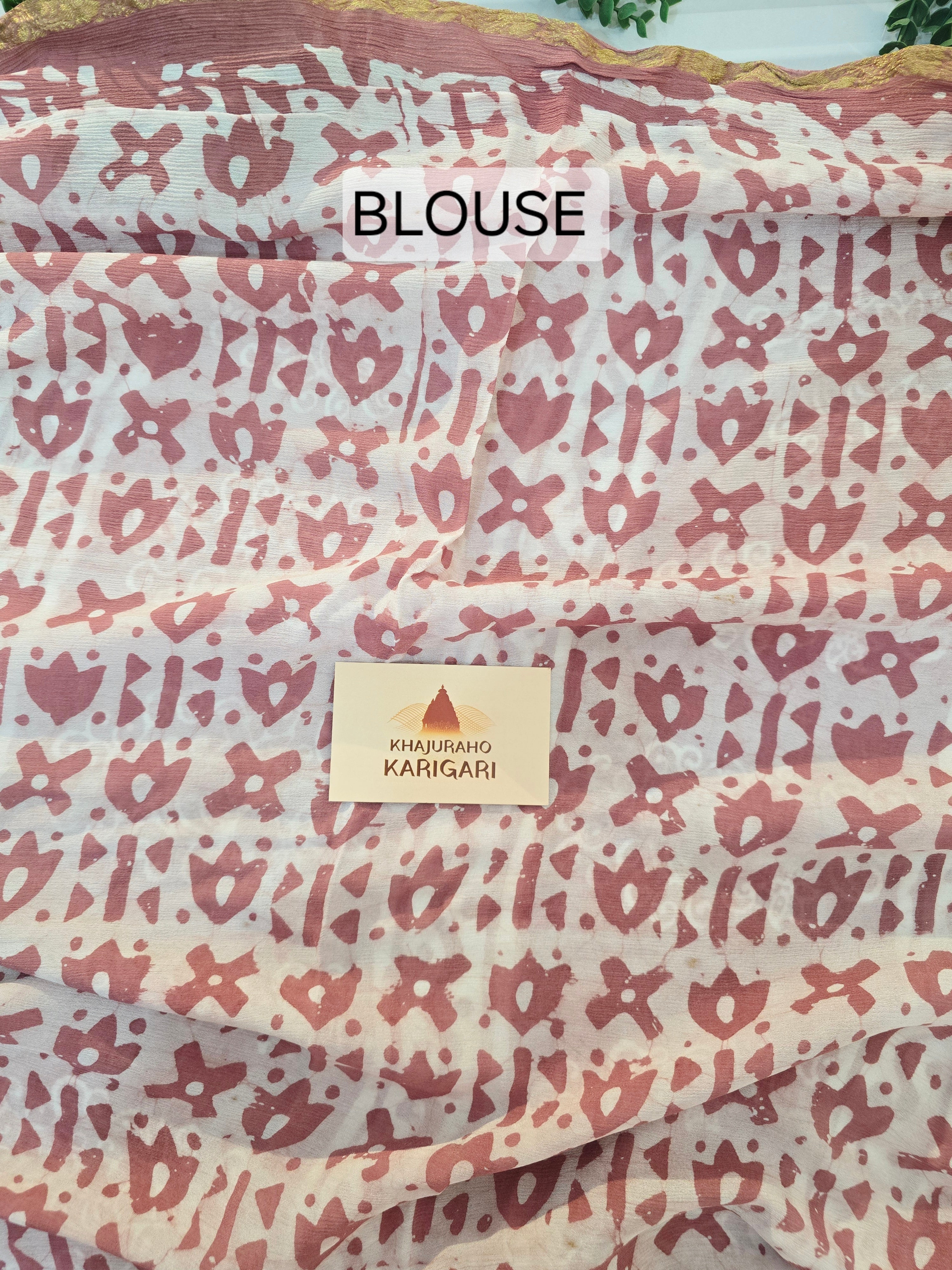 Hand Batik Printed Chinon Saree with Blouse Piece - Peach