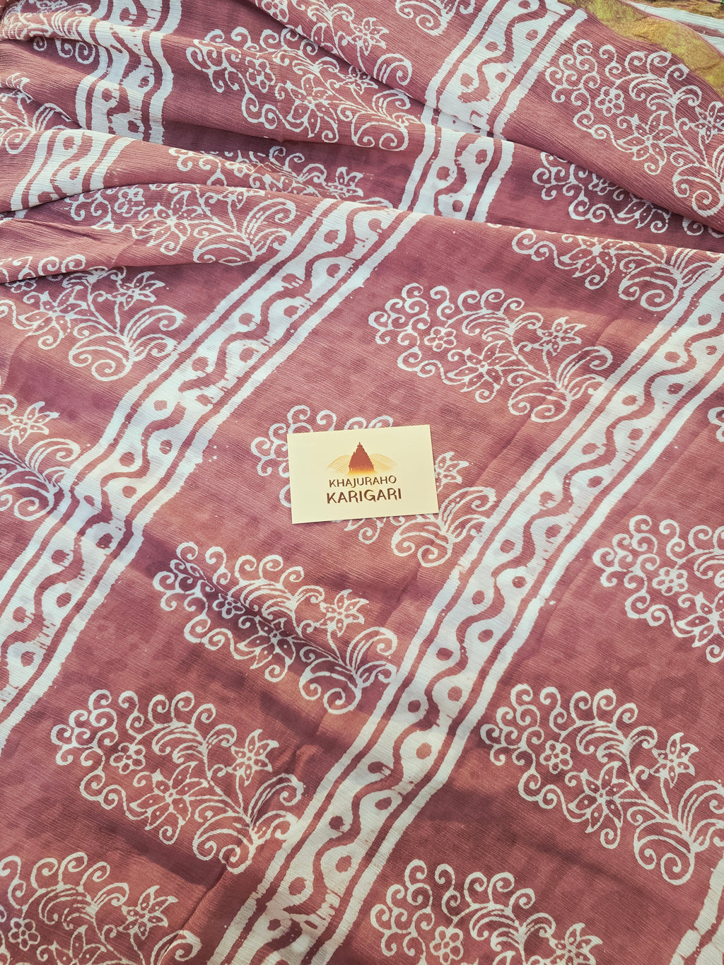 Hand Batik Printed Chinon Saree with Blouse Piece - Peach