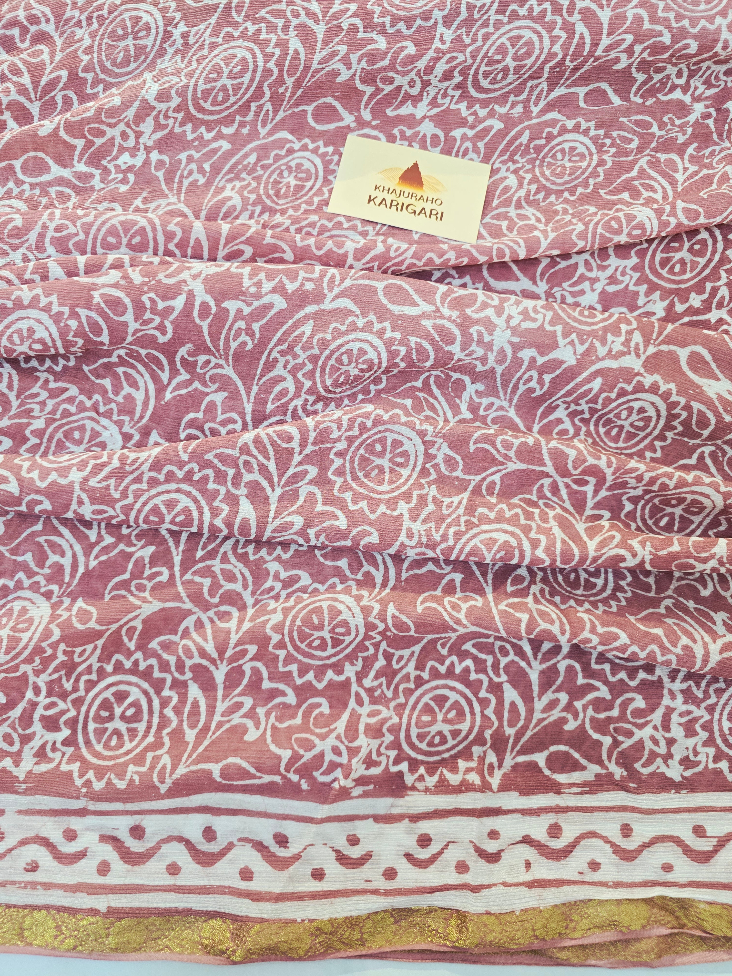 Hand Batik Printed Chinon Saree with Blouse Piece - Peach