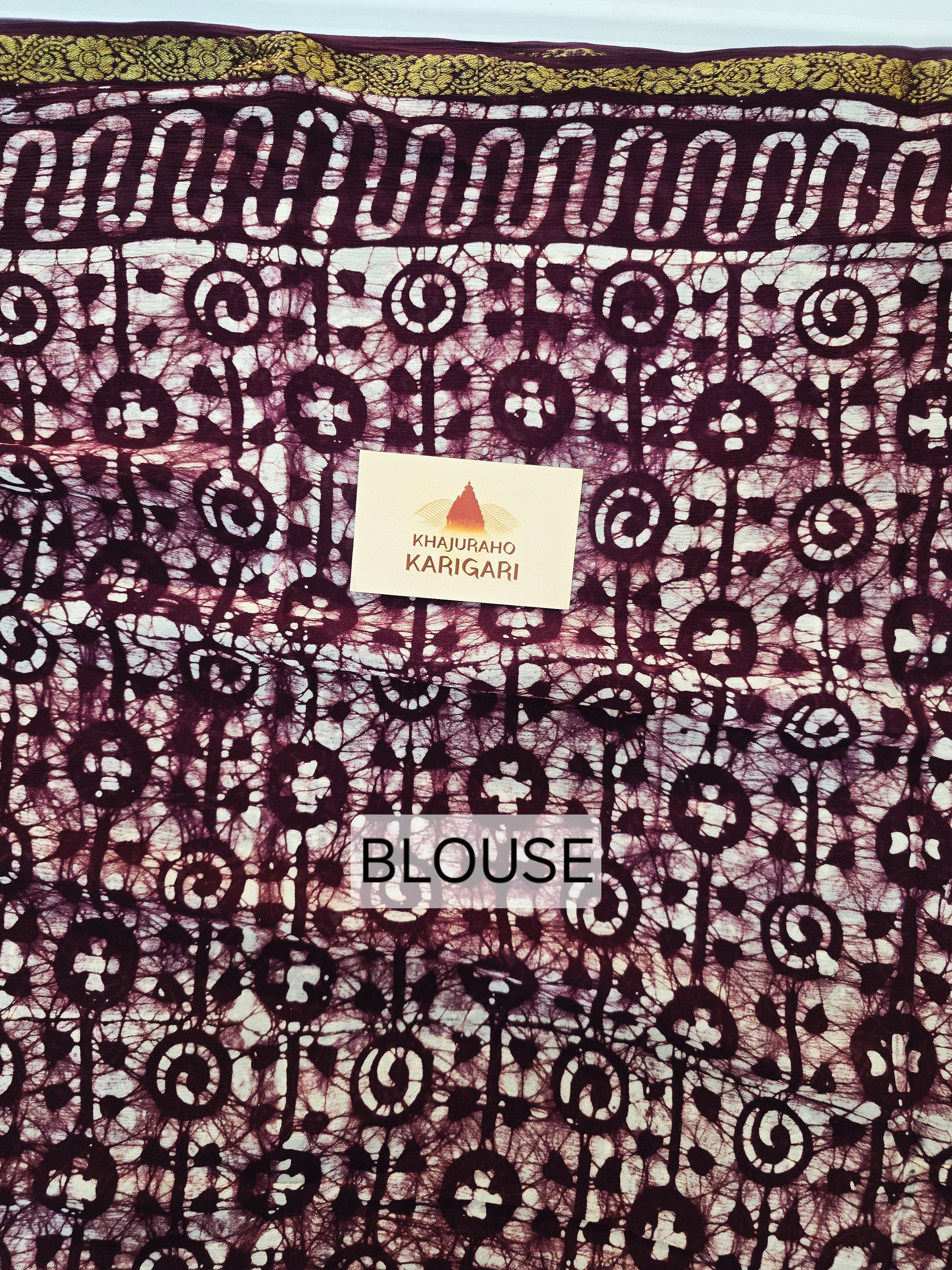 Hand Batik Printed Chinon Saree with Blouse Piece - Wine