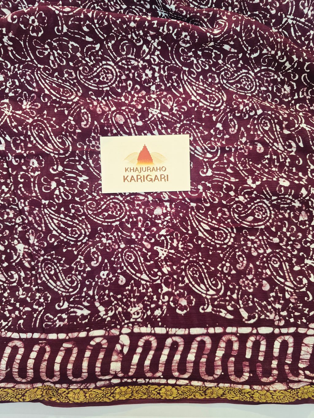 Hand Batik Printed Chinon Saree with Blouse Piece - Wine
