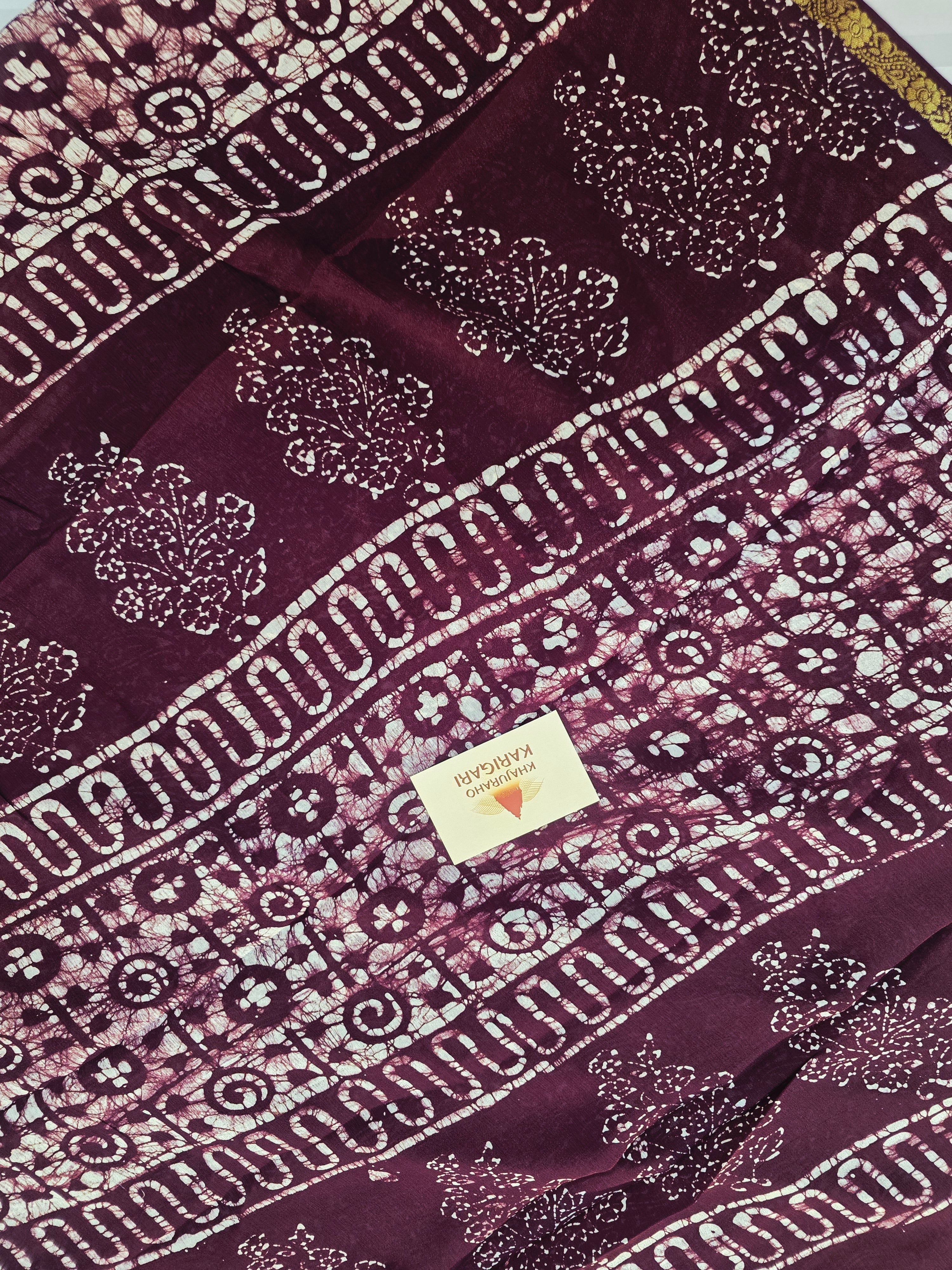 Hand Batik Printed Chinon Saree with Blouse Piece - Wine
