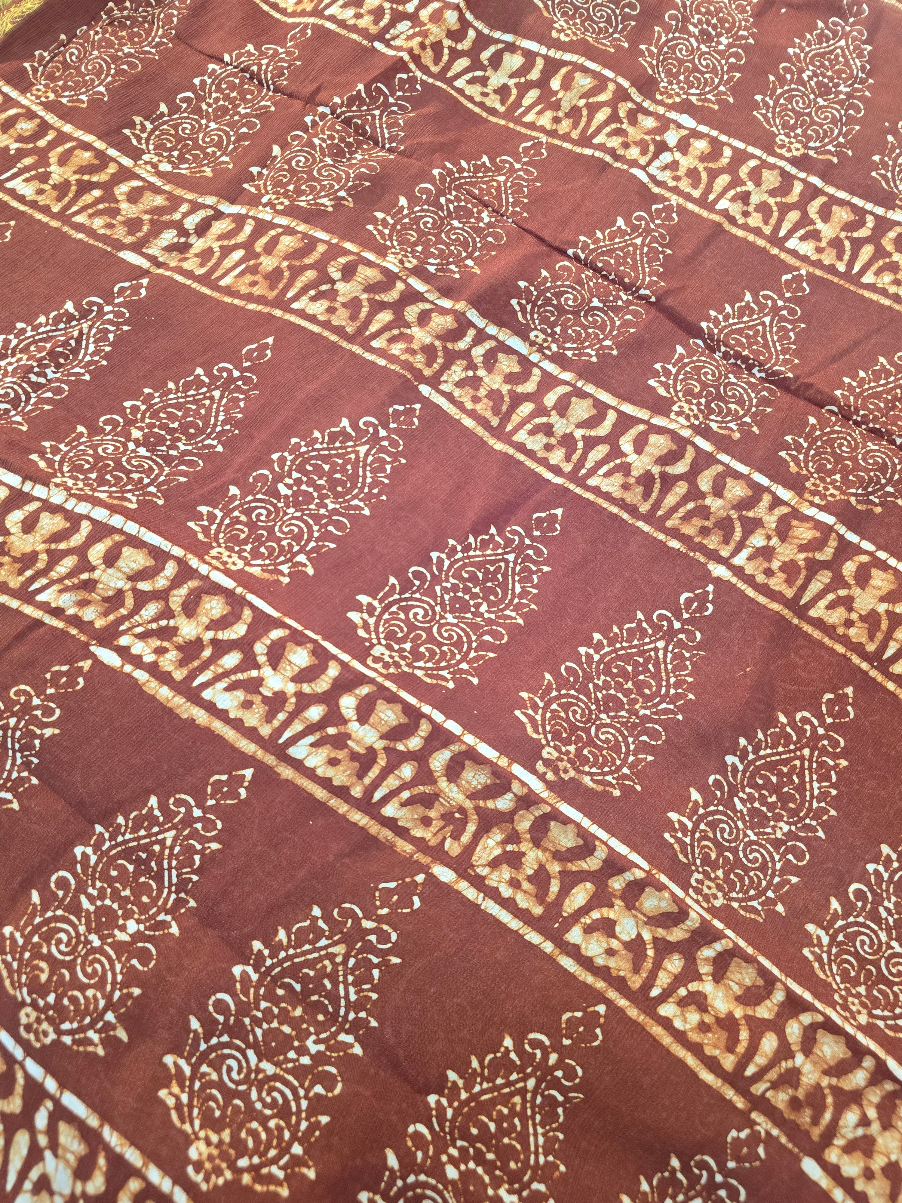 Hand Batik Printed Chinon Saree with Blouse Piece - Brown