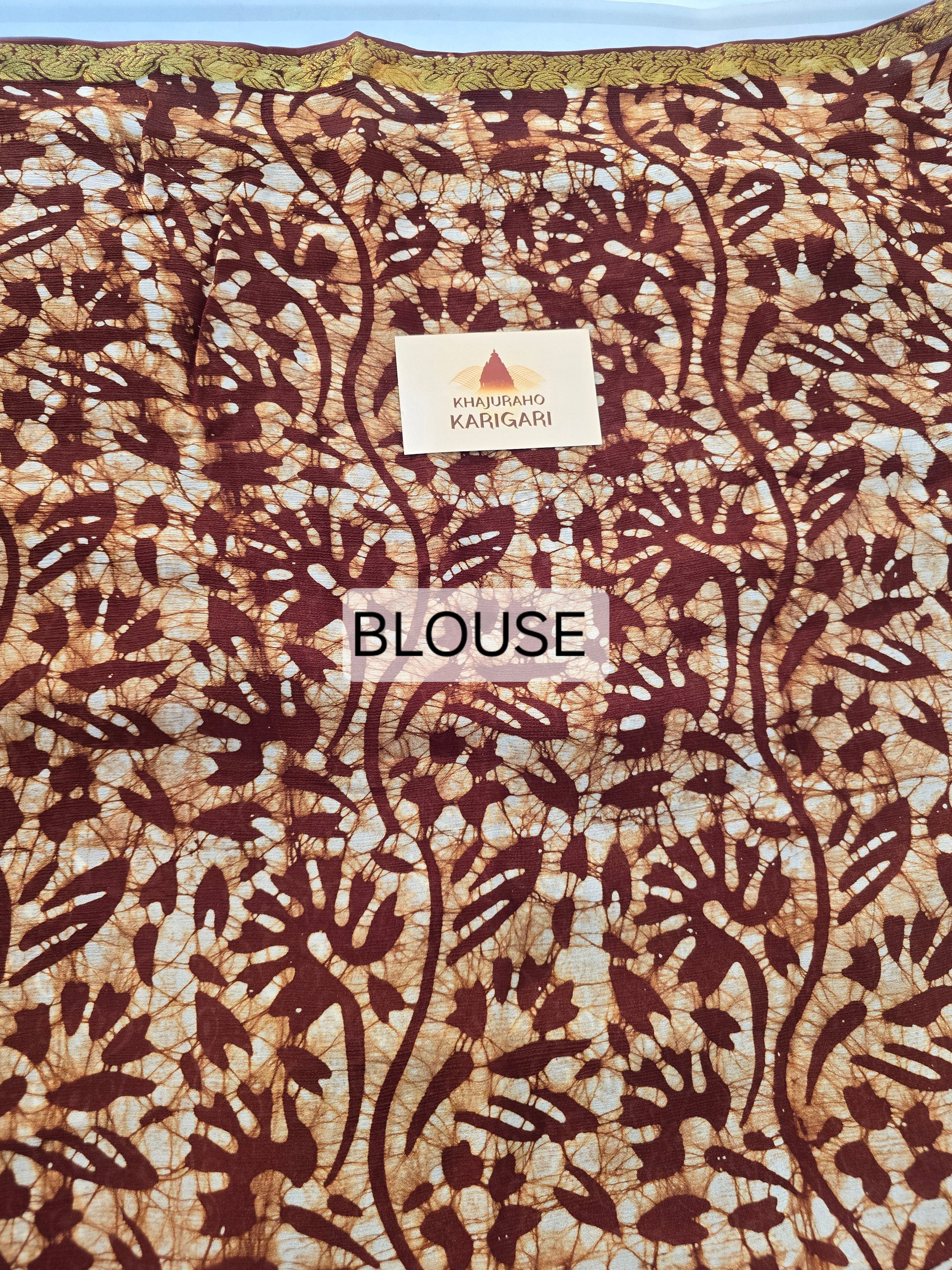 Hand Batik Printed Chinon Saree with Blouse Piece - Brown