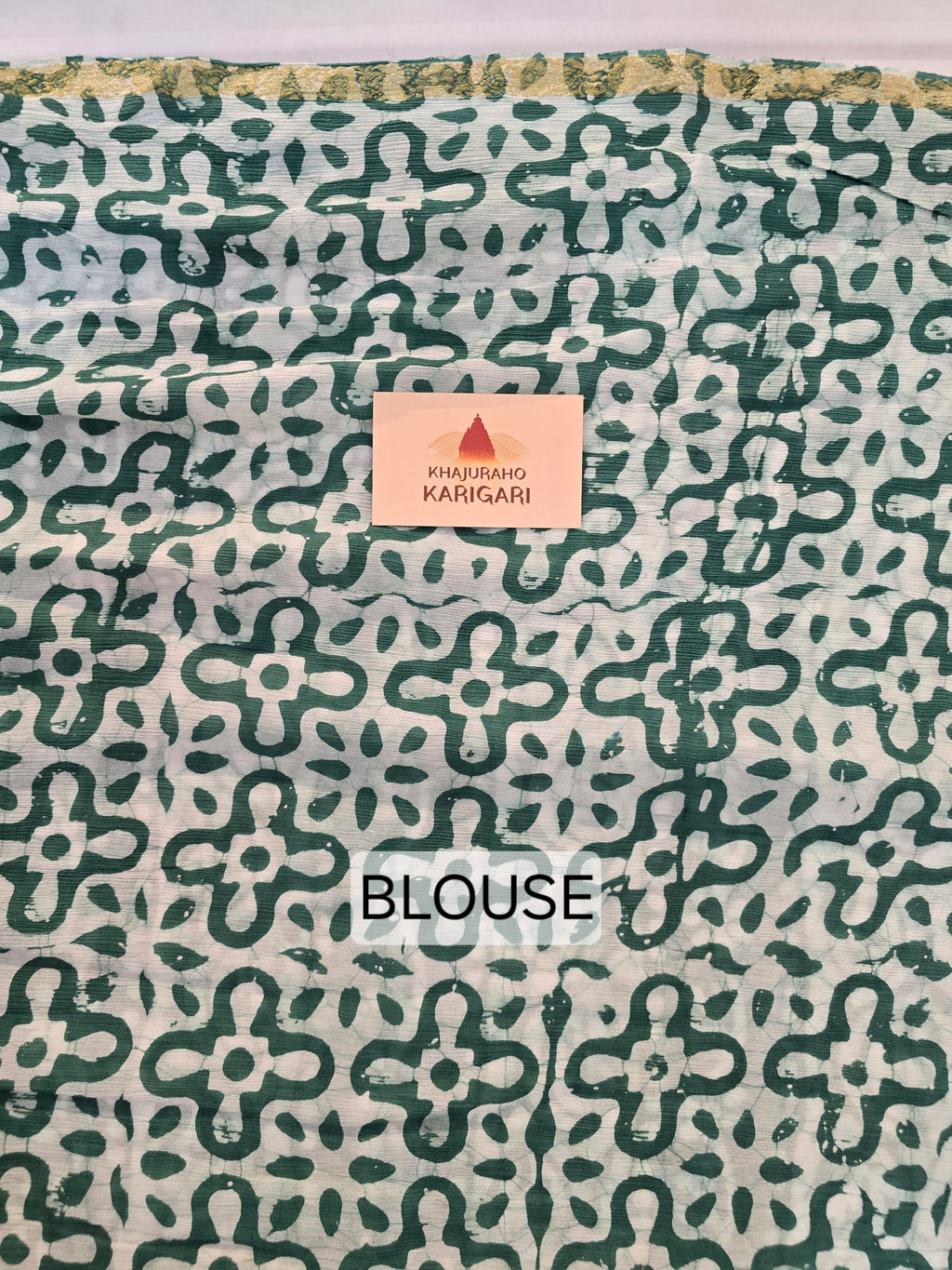Hand Batik Printed Chinon Saree with Blouse Piece - Green