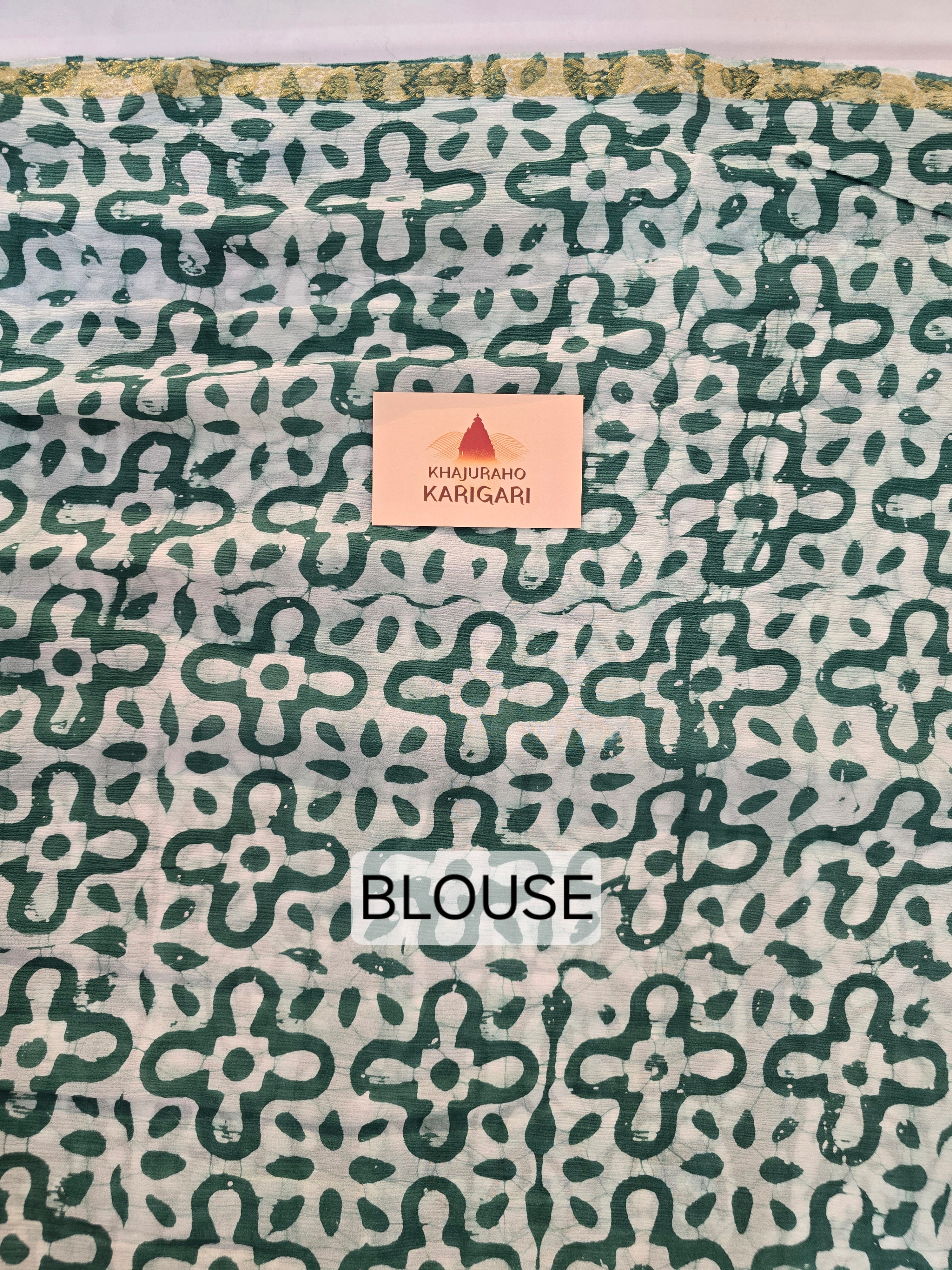 Hand Batik Printed Chinon Saree with Blouse Piece - Green