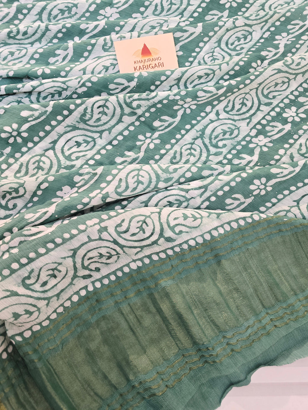 Hand Batik Printed Chinon Saree with Blouse Piece - Green