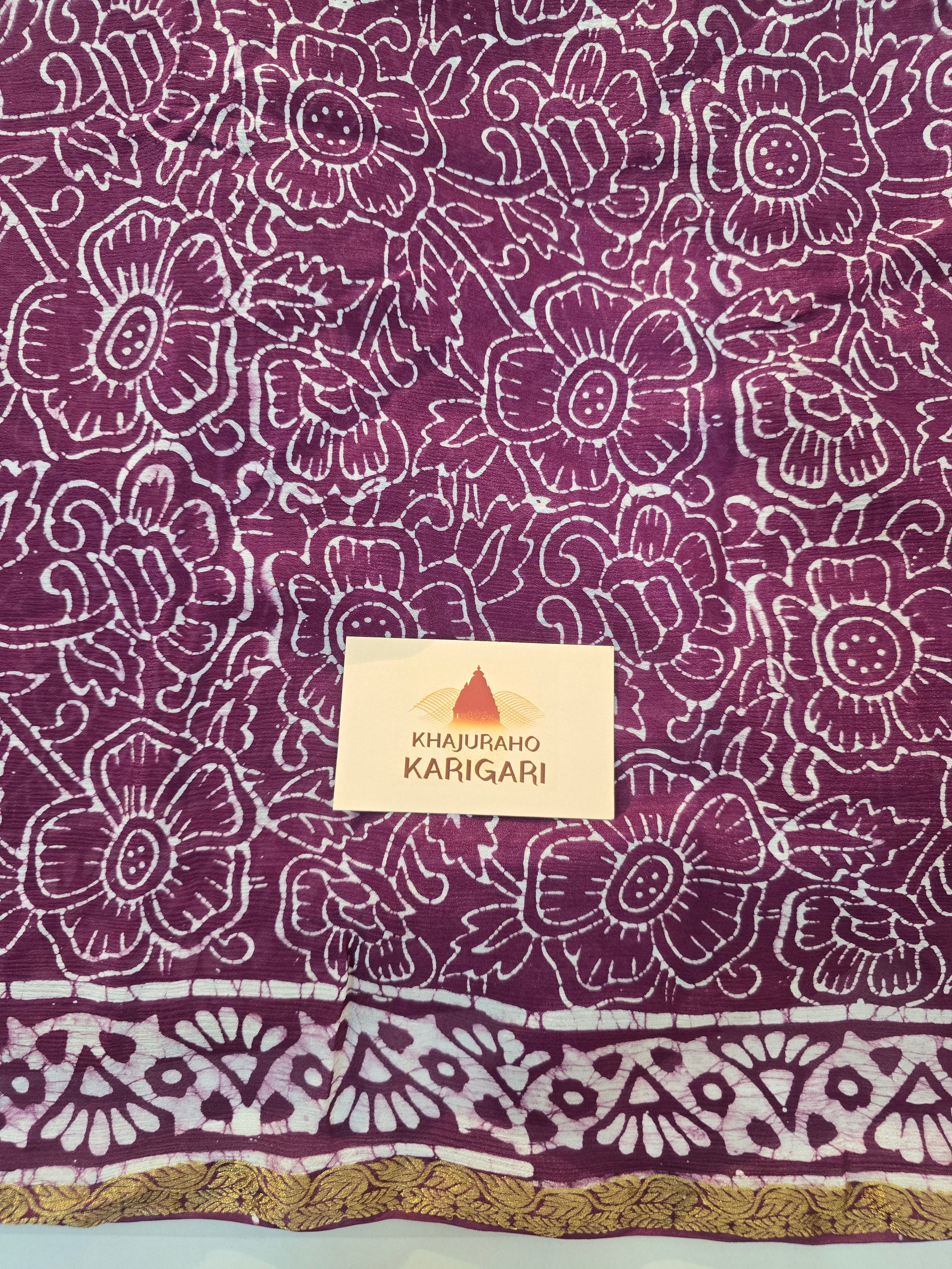Hand Batik Printed Chinon Saree with Blouse Piece - Purple