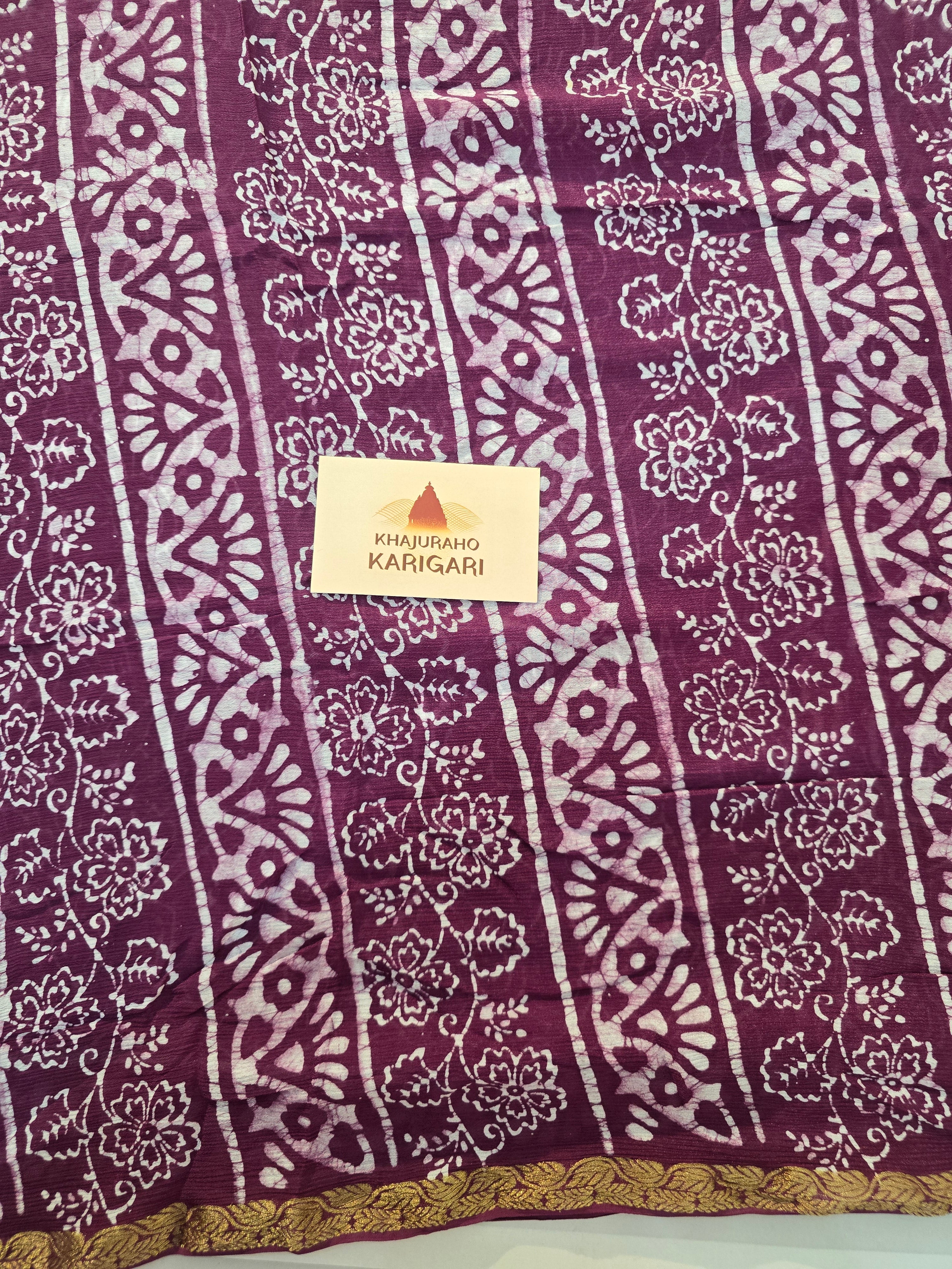 Hand Batik Printed Chinon Saree with Blouse Piece - Purple