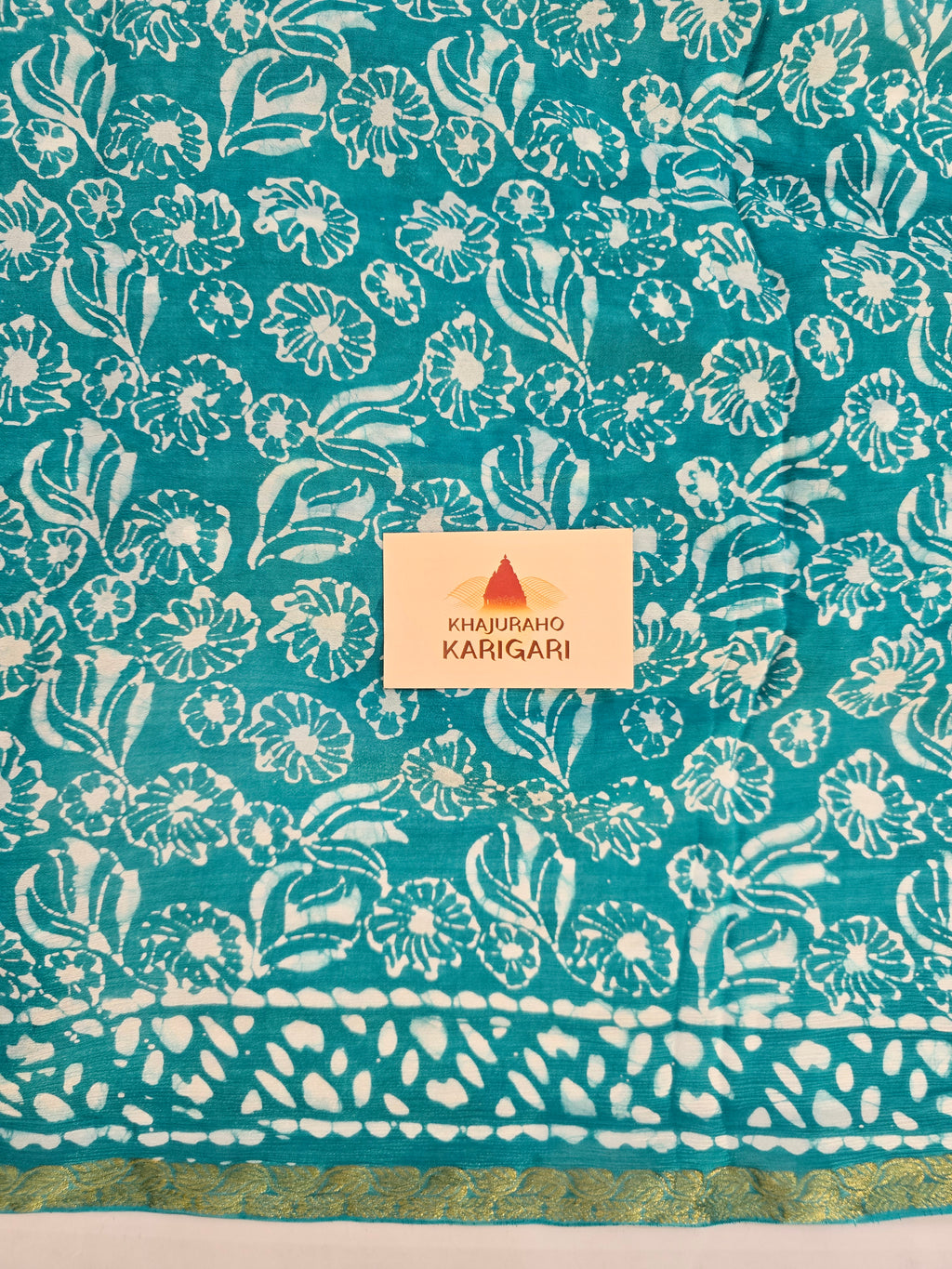 Hand Batik Printed Chinon Saree with Blouse Piece - Sea Green