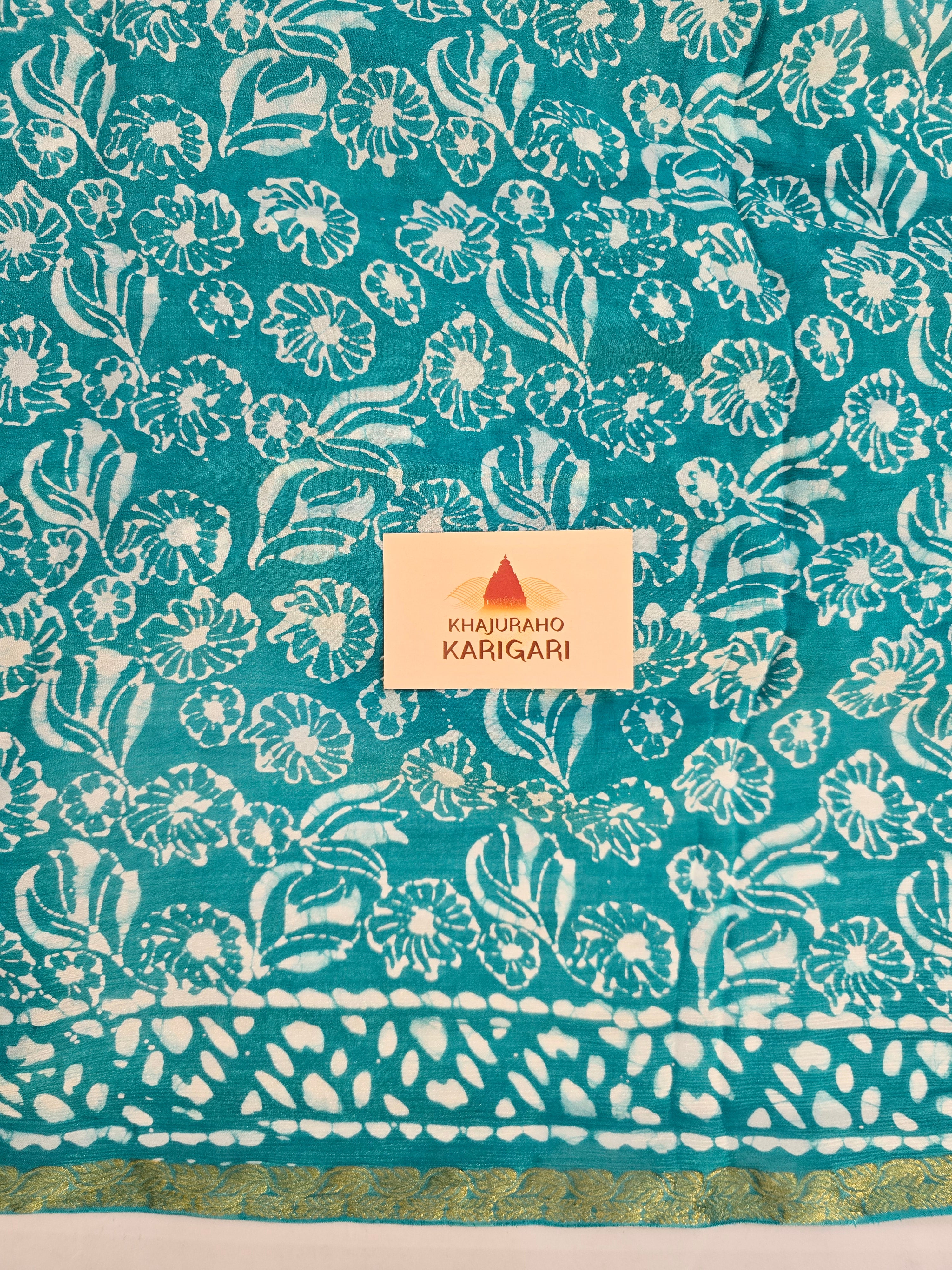 Hand Batik Printed Chinon Saree with Blouse Piece - Sea Green