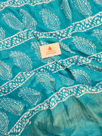 Hand Batik Printed Chinon Saree with Blouse Piece - Sea Green