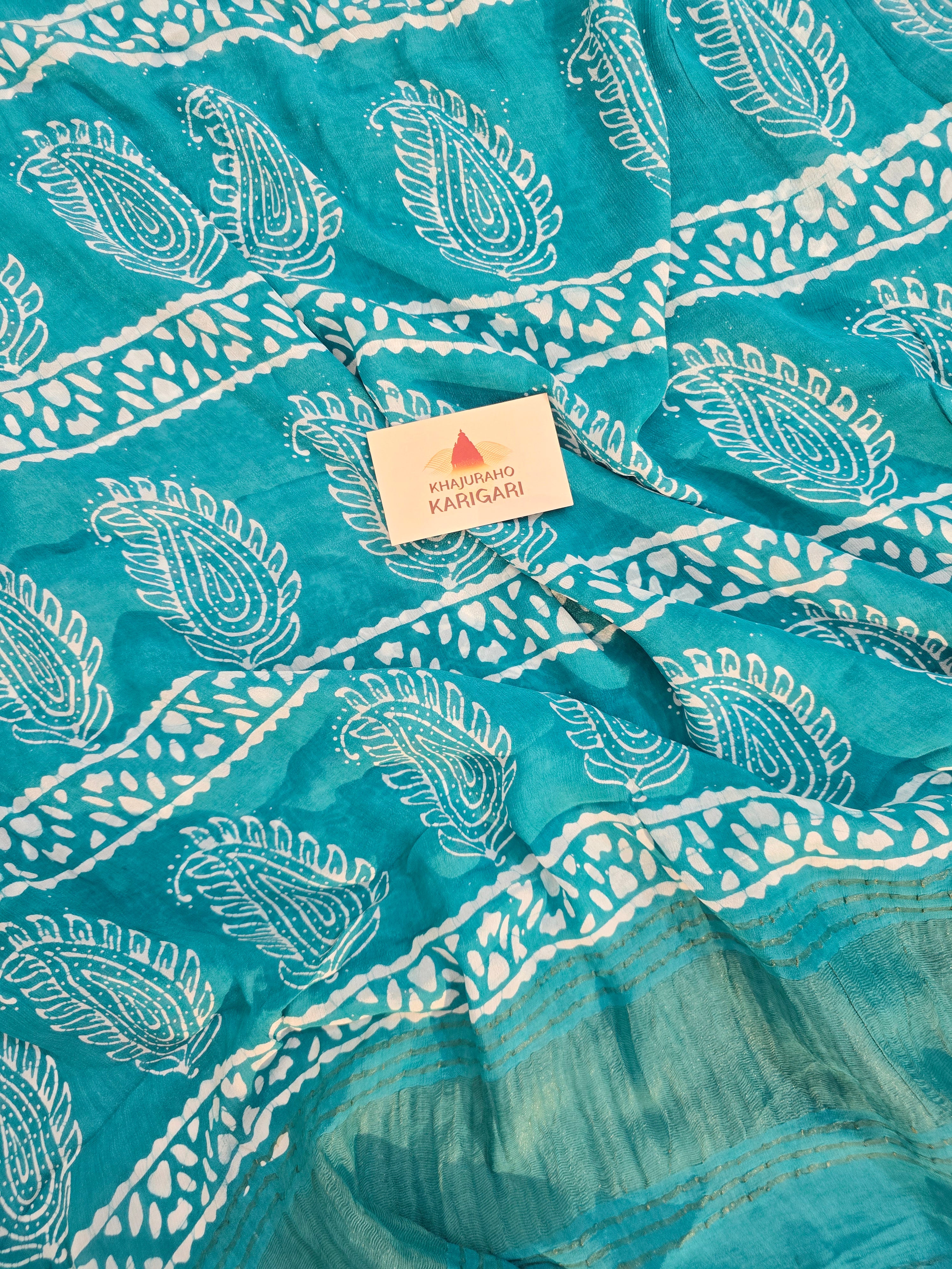 Hand Batik Printed Chinon Saree with Blouse Piece - Sea Green