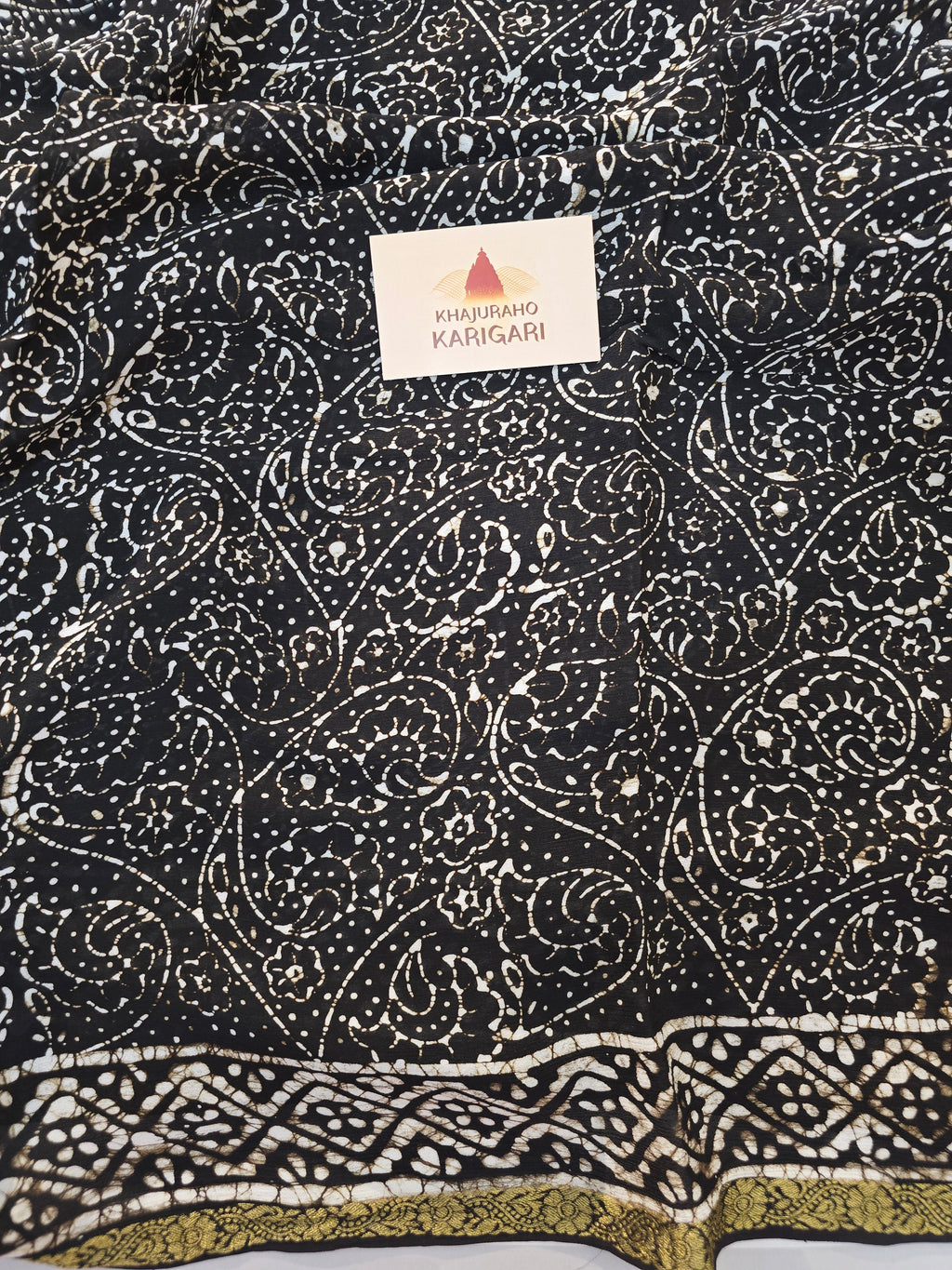 Hand Batik Printed Chinon Saree with Blouse Piece - Black