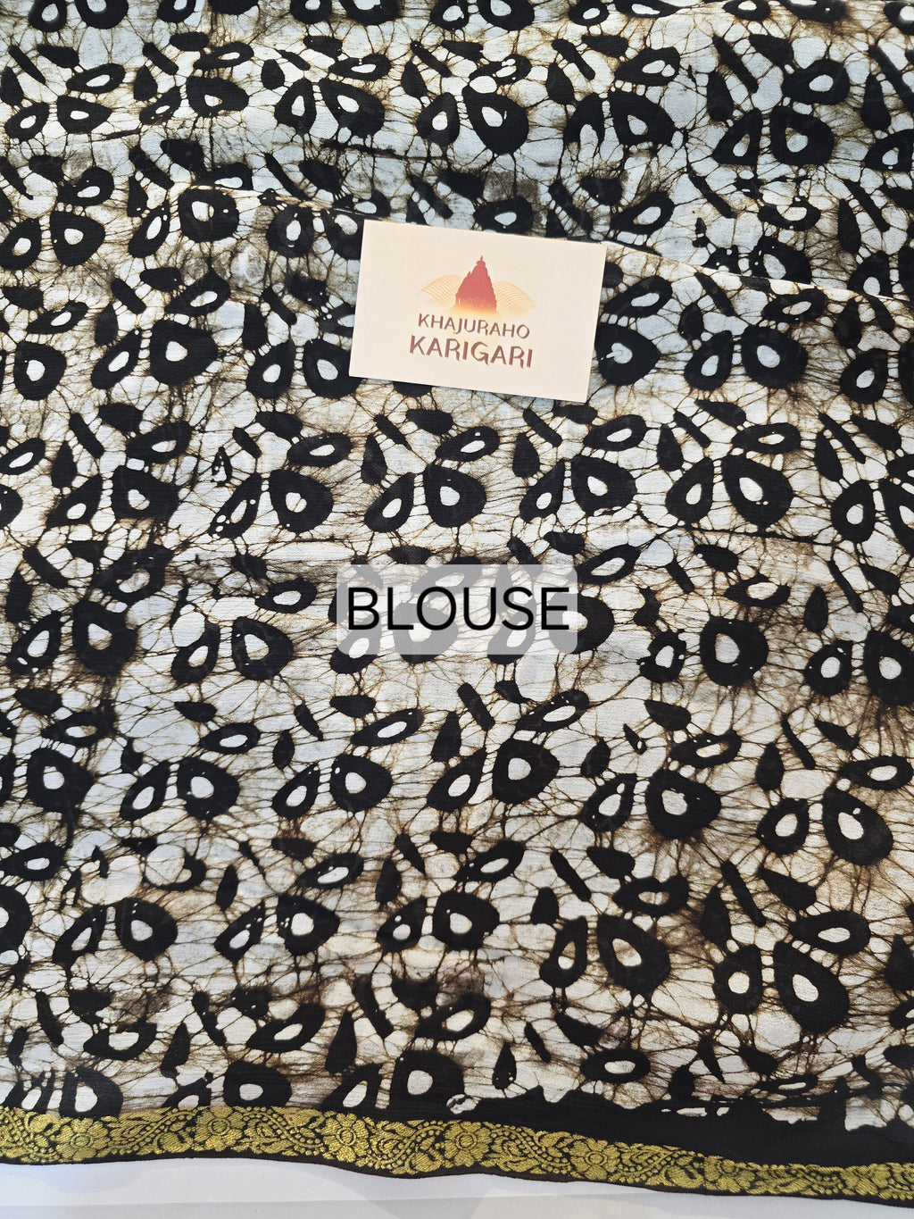 Hand Batik Printed Chinon Saree with Blouse Piece - Black