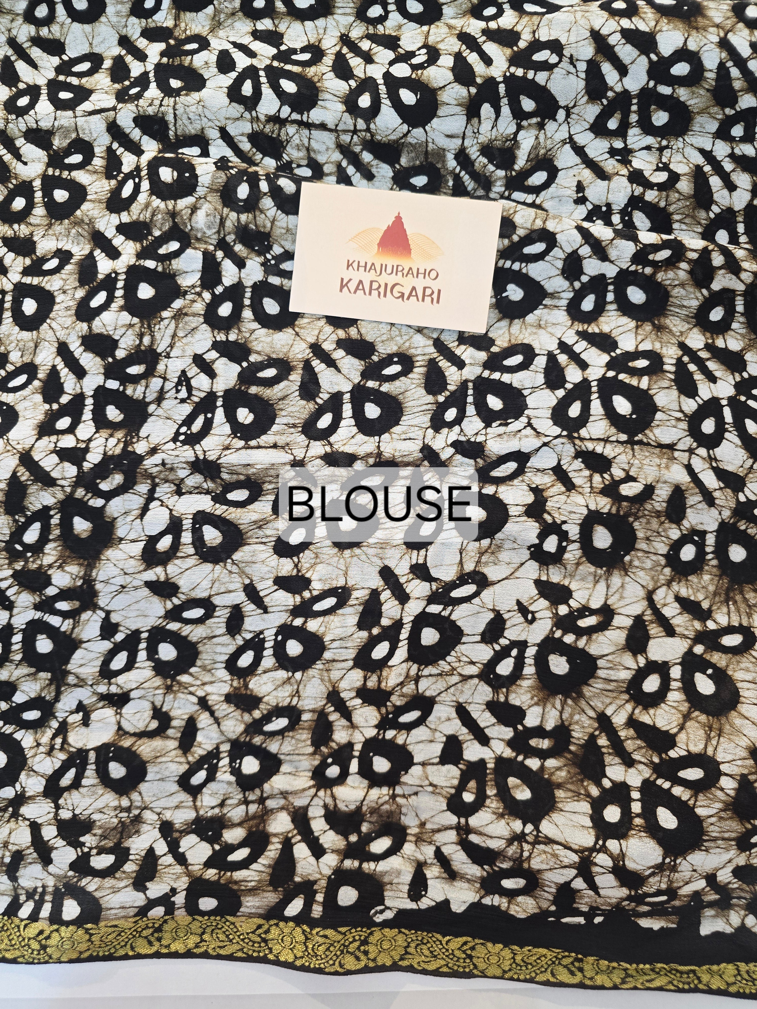 Hand Batik Printed Chinon Saree with Blouse Piece - Black
